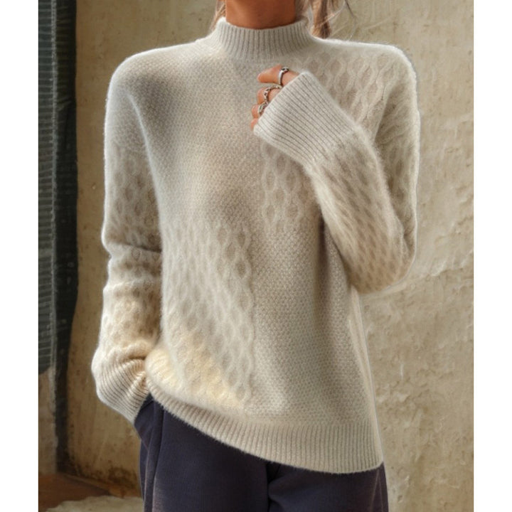 Ladies casual mohair blend fine knit sweater with structure mix, stand-up collar and dropped shoulders Mune Fashion