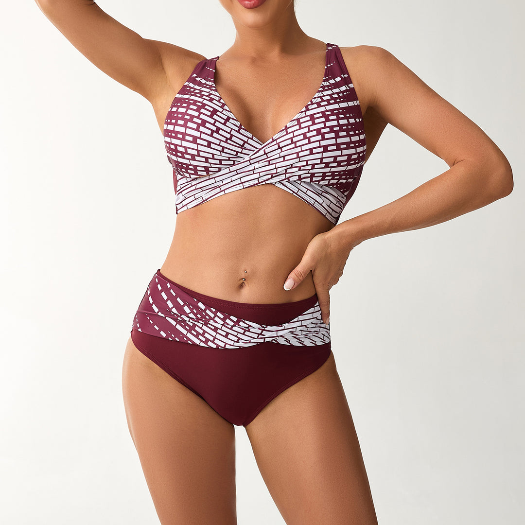 Women's High-Waisted Bikini Set with Laced Top and Graphic Accents Mune Fashion