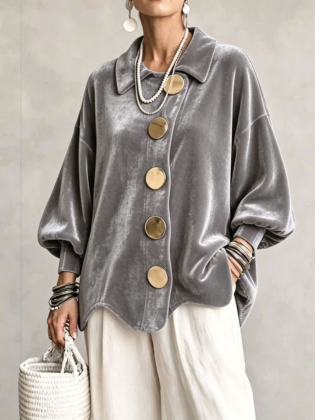 Women's Oversized Velvet Jacket with Large Decorative Buttons and Balloon Sleeves Mune Fashion