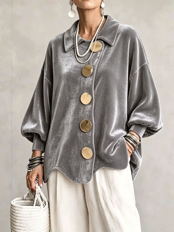 Women's Oversized Velvet Jacket with Large Decorative Buttons and Balloon Sleeves Mune Fashion