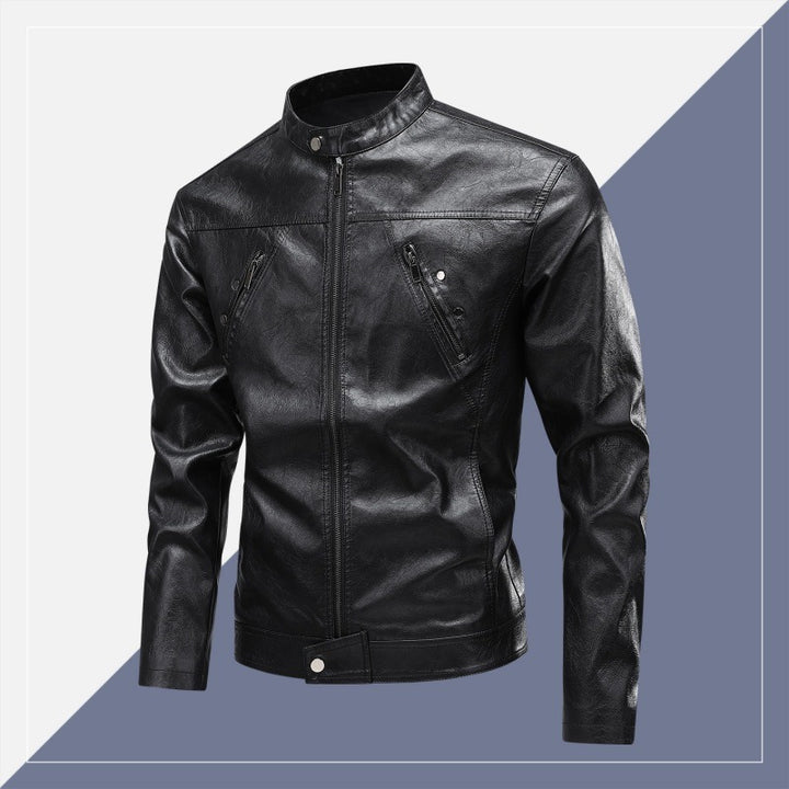 Men's Faux Leather Biker Jacket with Stand-Up Collar, Slim Fit & Diagonal Zipper Pockets Mune Fashion