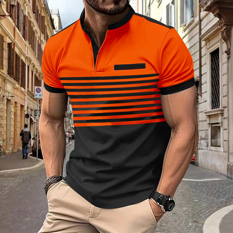 Men's short-sleeved striped short-sleeve shirt with button placket, stand-up collar and chest piping Mune Fashion