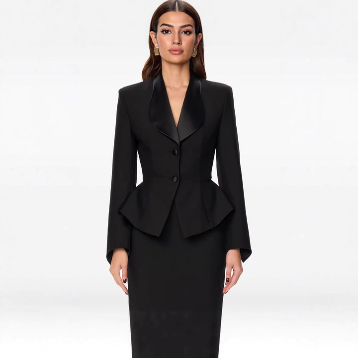 Women Tailored Blazer with Peplum Satin Shawl Collar and Slim Silhouette Mune Fashion