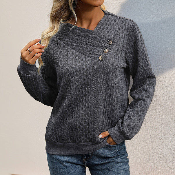 Women's Structured Cable Knit Sweater with Asymmetric Button Placket & Round Neckline Mune Fashion