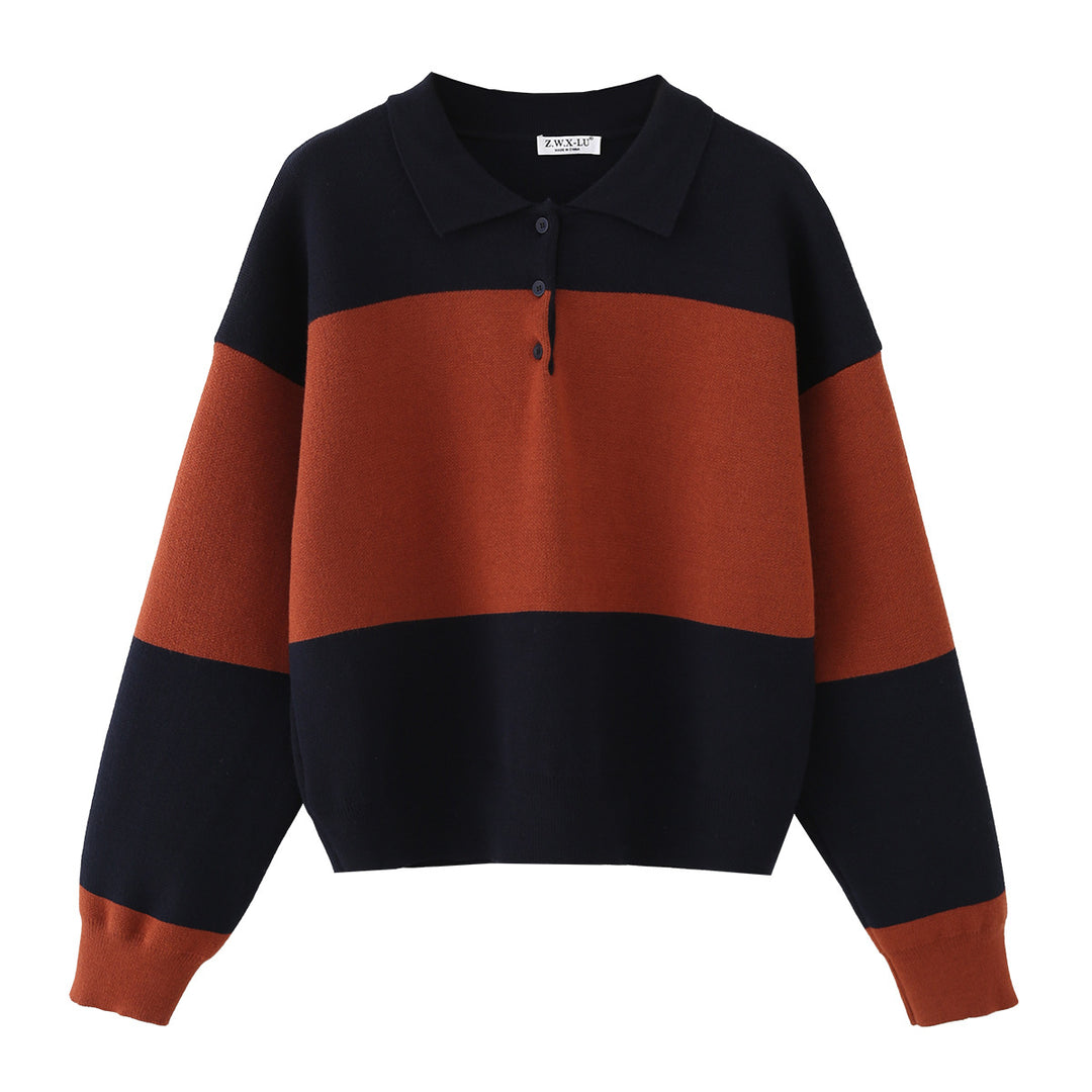 Women Oversized Polo Collar Sweater with Block Stripes Mune Fashion