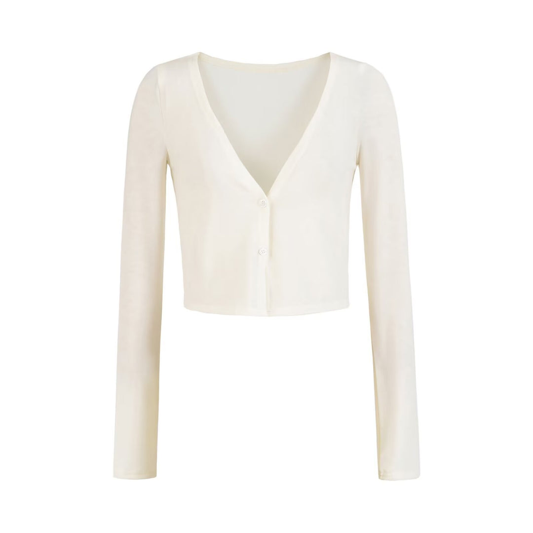 Women's Short Fine Knit Cardigan with Deep V-Neck and Button Front Mune Fashion