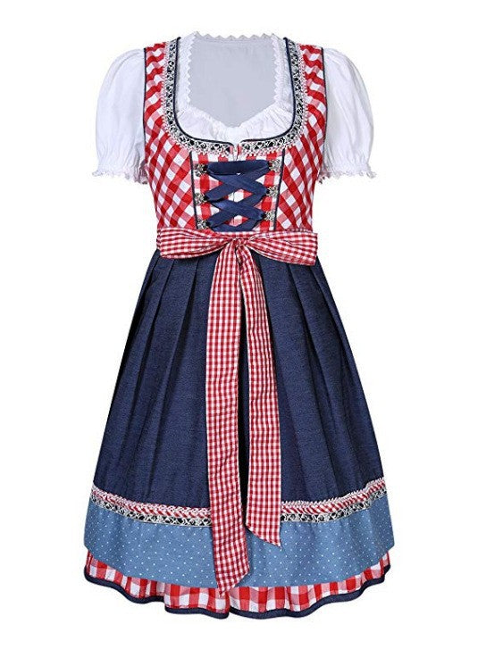 Ladies short traditional dirndl with heart-shaped neckline corset and checkered apron Mune Fashion