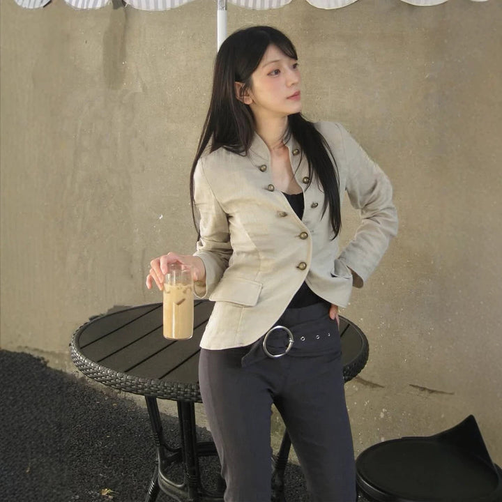 Women Tailored Linen Blazer with Stand-up Collar and Decorative Button Placket Mune Fashion