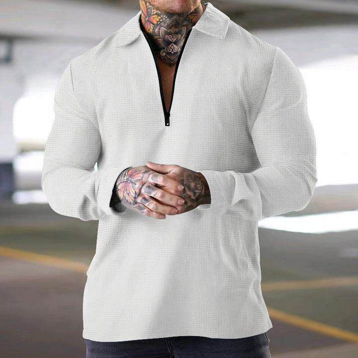 Men's narrow half-zip polo with waffle texture open Kent collar and clean minimal design Mune Fashion