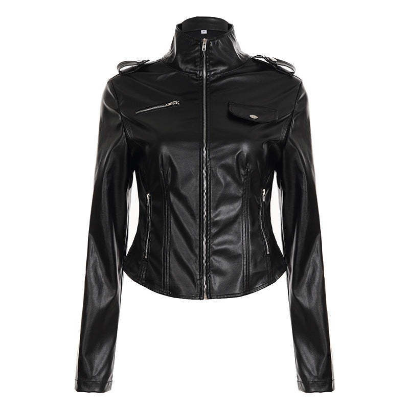 Women no tailored faux leather biker jacket with stand-up collar, shoulder patches, and zippered pockets Mune Fashion