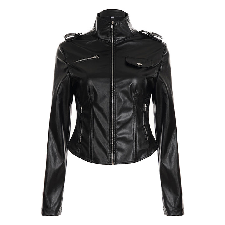 Women no tailored faux leather biker jacket with stand-up collar, shoulder patches, and zippered pockets Mune Fashion