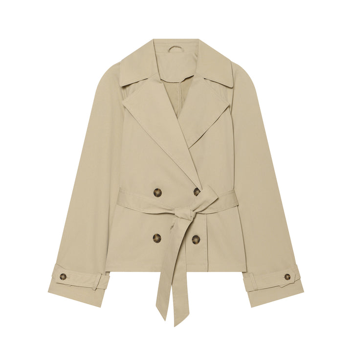 Women’s short tailored trench jacket with belt, double-breasted button placket and wide lapels Mune Fashion