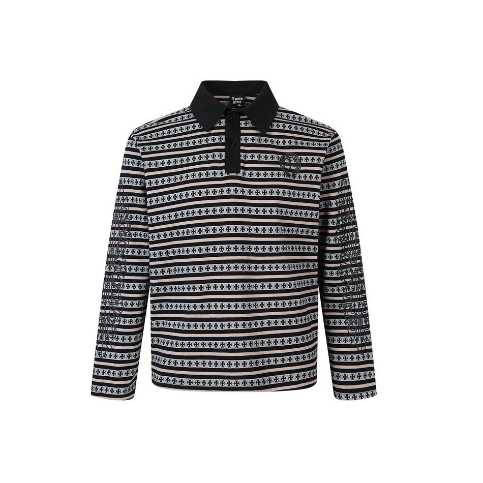 Unisex Long Sleeve Polo Shirt with Jacquard Stripe Pattern, Ribbed Collar and Logo Embroidery Mune Fashion