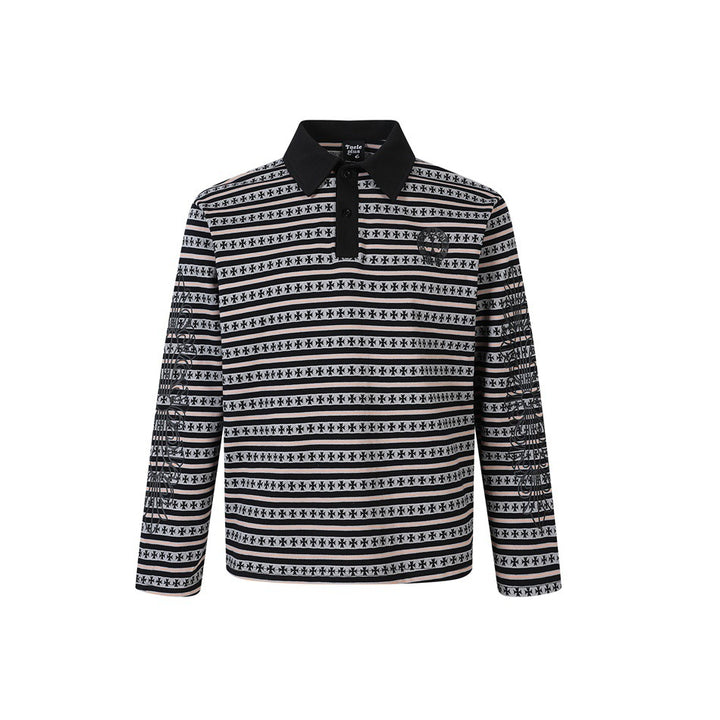 Unisex Long Sleeve Polo Shirt with Jacquard Stripe Pattern, Ribbed Collar and Logo Embroidery Mune Fashion