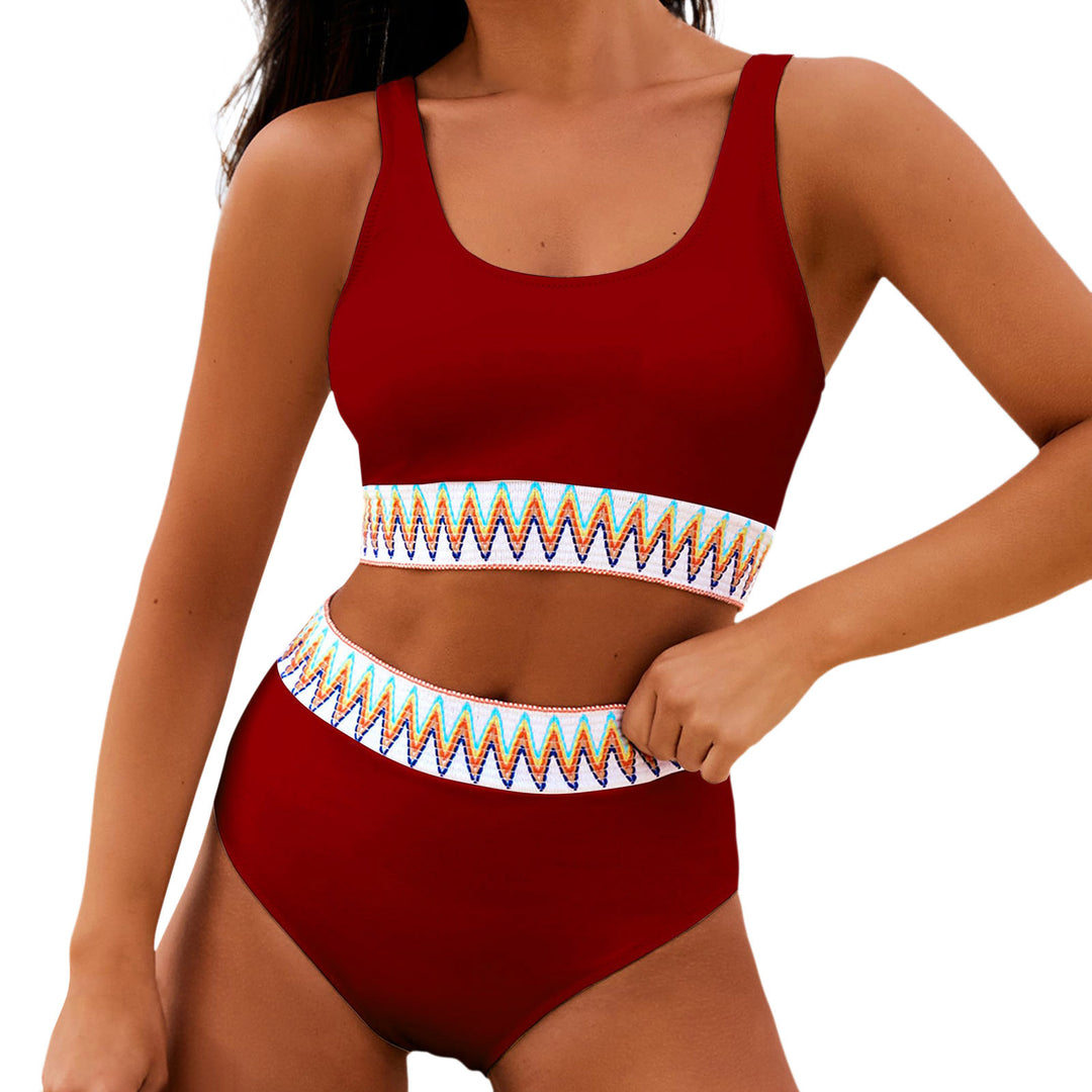 Women's High Waisted Bikini Set with Trendy Striped Band Mune Fashion