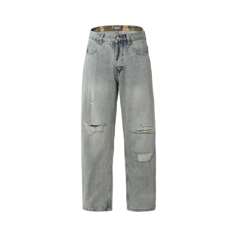 Men's Casual Straight-Leg Jeans with Used Wash and Destroyed Details Mune Fashion