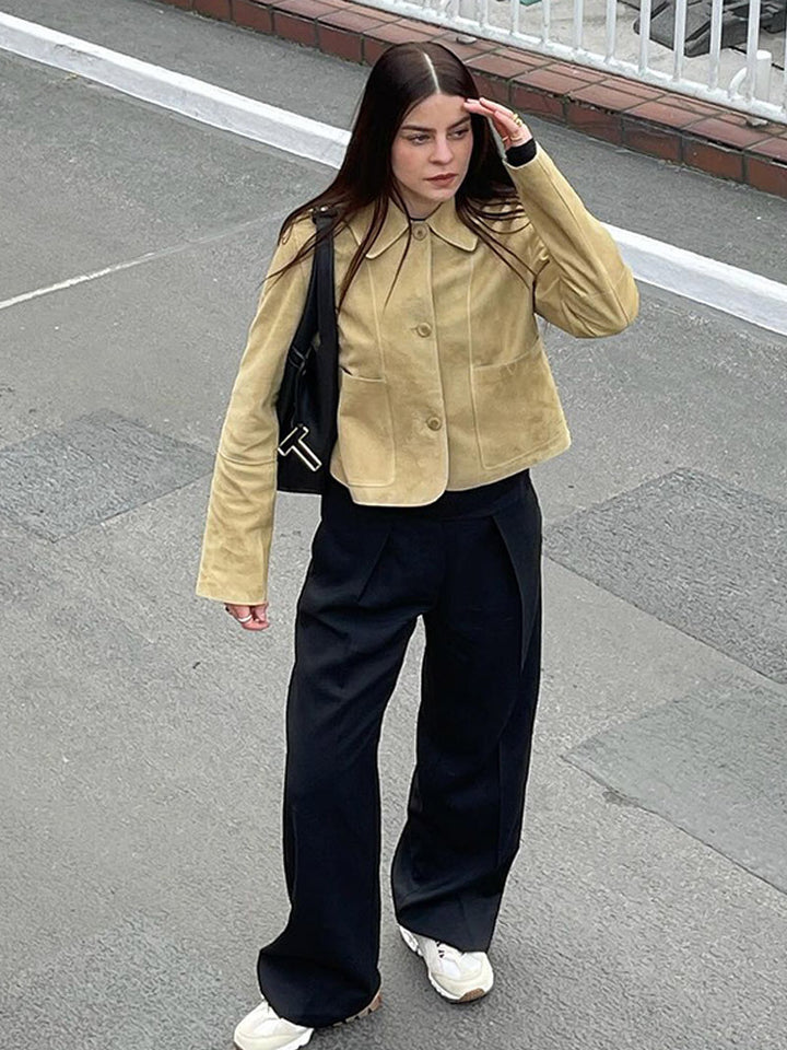 Women's Short Suede Jacket with Rounded Collar and Boxy Cropped Cut Mune Fashion