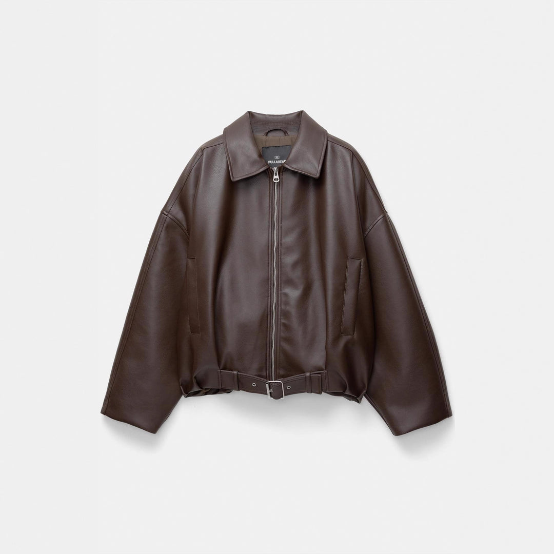 Women's short cut faux leather jacket with full zipper and figure-hugging belt Mune Fashion
