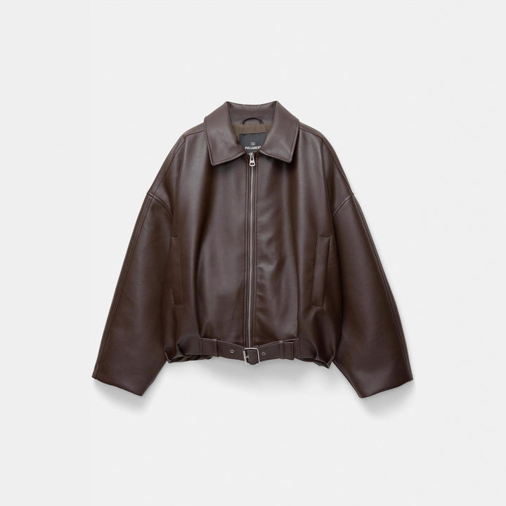 Women's short cut faux leather jacket with full zipper and figure-hugging belt Mune Fashion