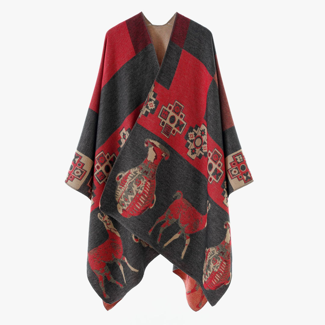 Women's jacquard knit poncho with ethnic animal motifs and open kimono cut Mune Fashion