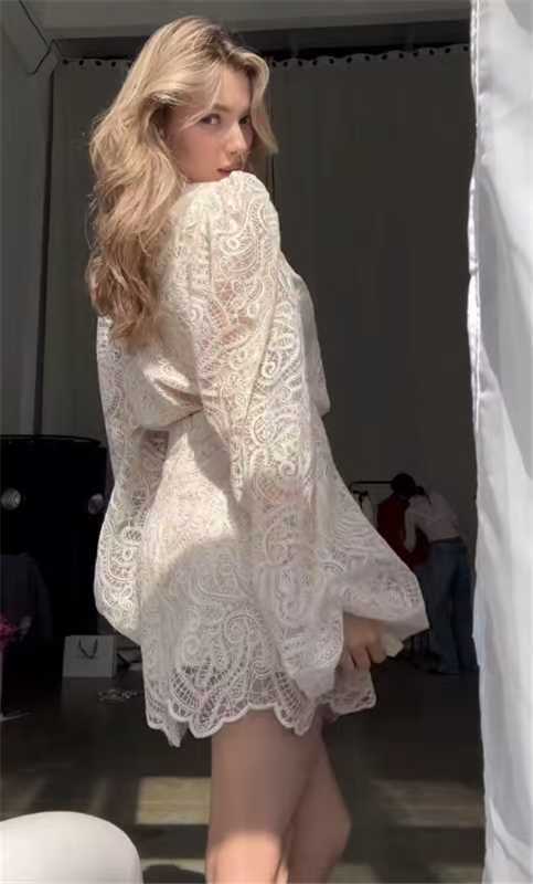 Women Playful Lace Mini Dress with Transparent Sleeves and Wavy Hem Mune Fashion