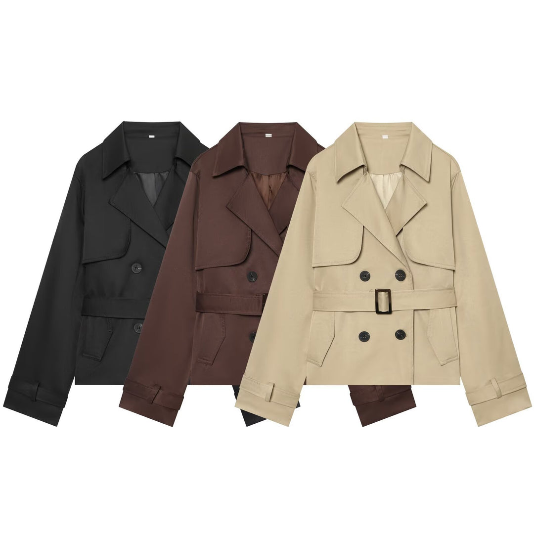 Women's Short Cropped Trench Coat with Double-Breasted Button Placket, Waist Belt, and Epaulettes Mune Fashion