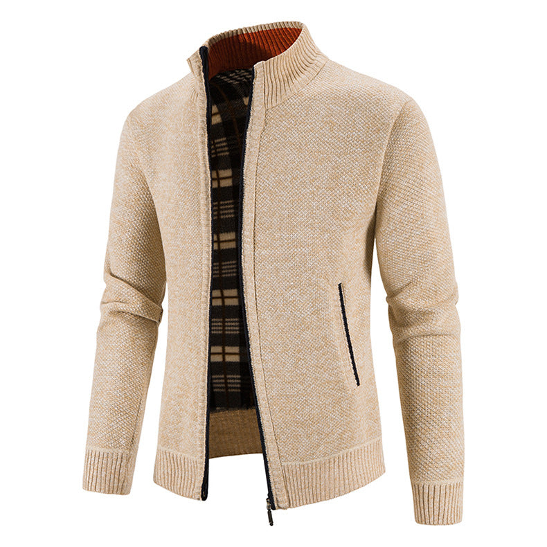 Men's knitted cardigan with full zip, stand-up collar and checkered lining Mune Fashion