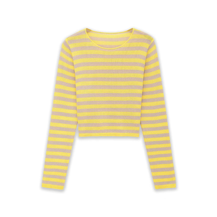 Women Striped Cropped Fine Knit Sweater with Round Neck Mune Fashion
