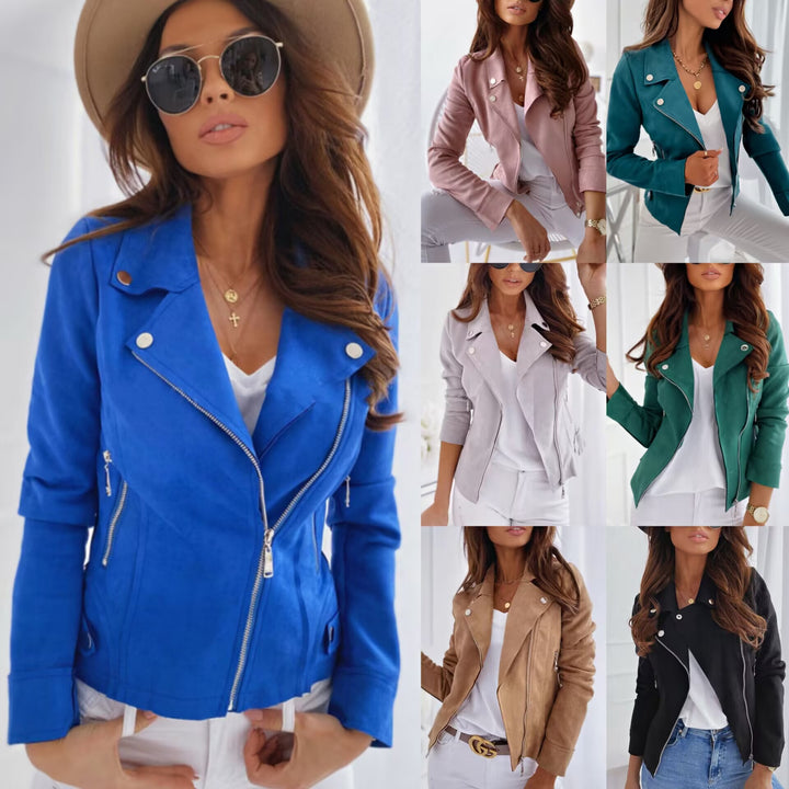 Women nan short suede look biker jacket with asymmetric lapel collar, visible metal zippers, and fitted silhouette Mune Fashion