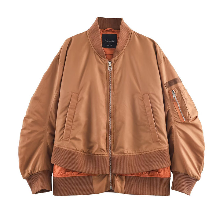 Women's Oversize Bomber Jacket with padded quilted lining, sleeve zip pocket and wide ribbed cuff Mune Fashion