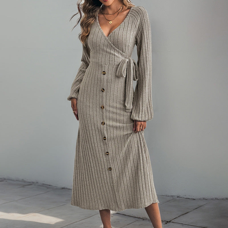 Women's Ribbed Wrap Midi Dress with V-Neck, Balloon Sleeves & Button Placket Mune Fashion