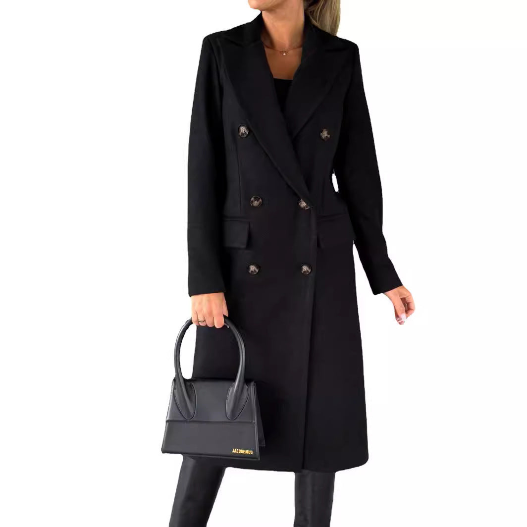 Women's classic long double-breasted coat with collar and flap pockets Mune Fashion