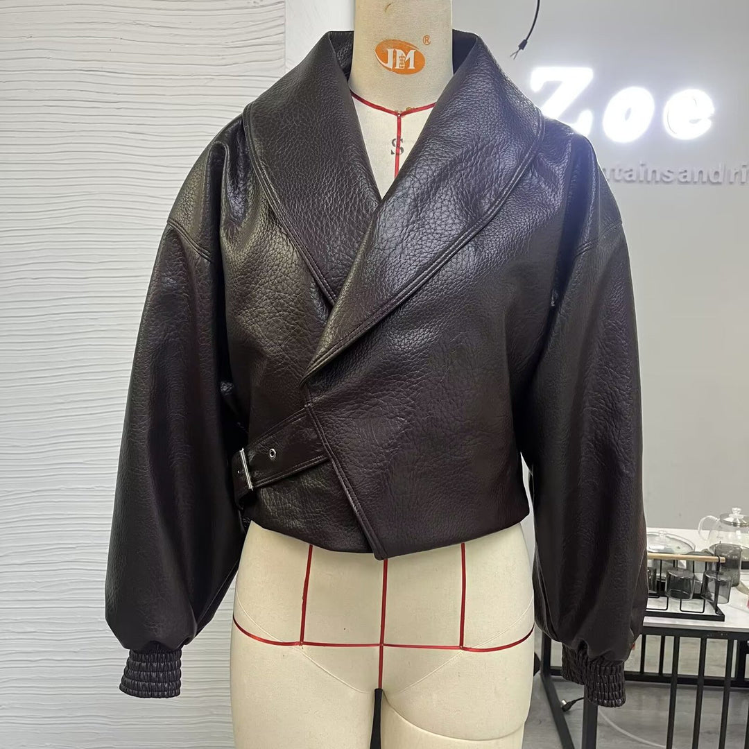 Women Faux Leather Bomber Jacket with High Stand Collar, Asymmetrical Closure and Elastic Hem Mune Fashion