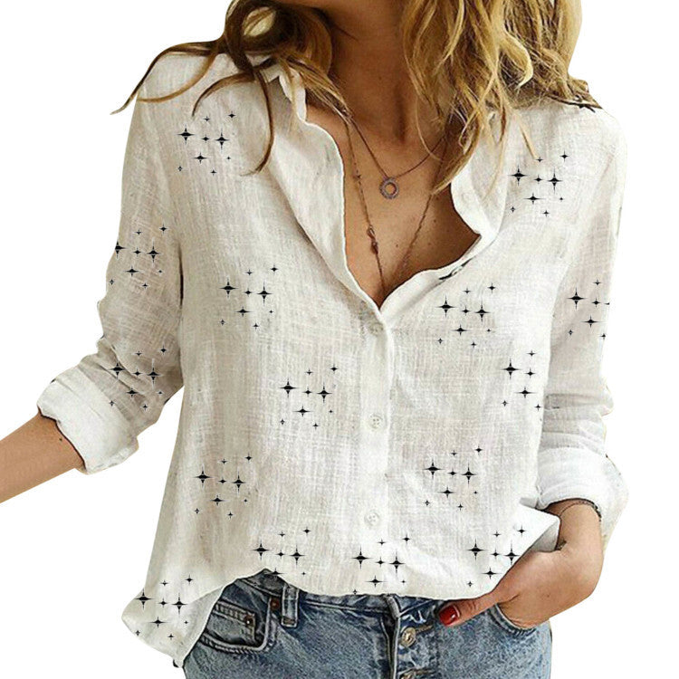 Women's loose linen blouse with star print V-neck buttoned front Mune Fashion