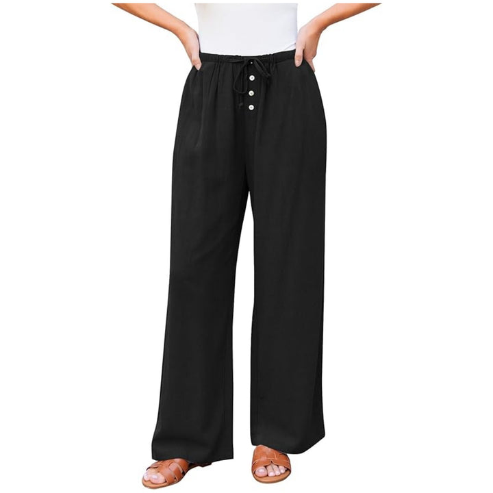Women's wide linen pants with elastic waistband, drawstring, and button placket Mune Fashion
