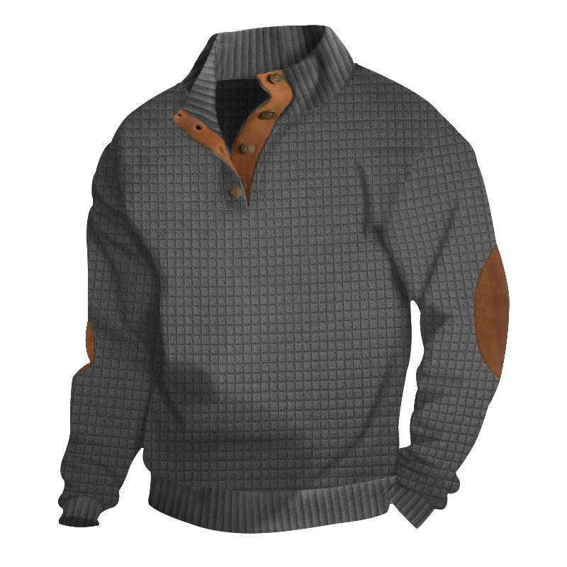 Men's Structured Waffle Knit Henley Sweater with Leather Trim & Elbow Patches Mune Fashion