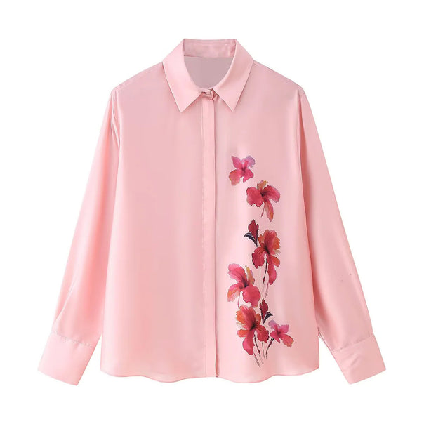Women's satin blouse with shirt collar, concealed button placket, and floral side appliqué Mune Fashion