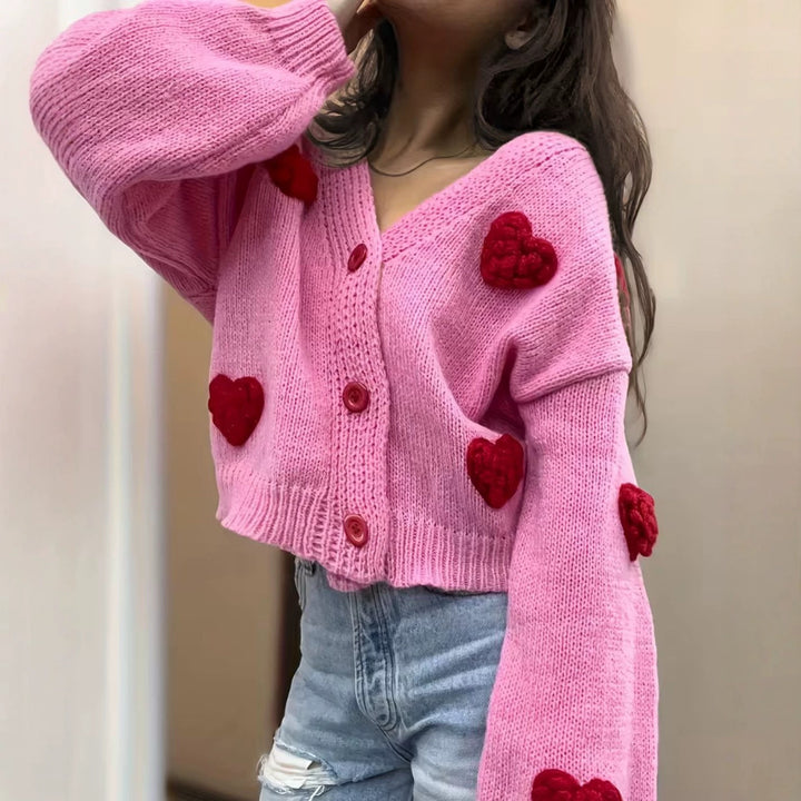 Women's Short-Cut V-Neck Cardigan with Embossed Heart Appliqués and Decorative Buttons Mune Fashion