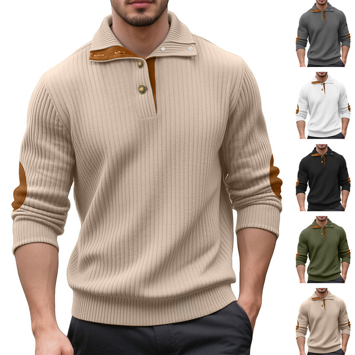 Men's ribbed half-button pullover with Kent collar and leather trim Mune Fashion
