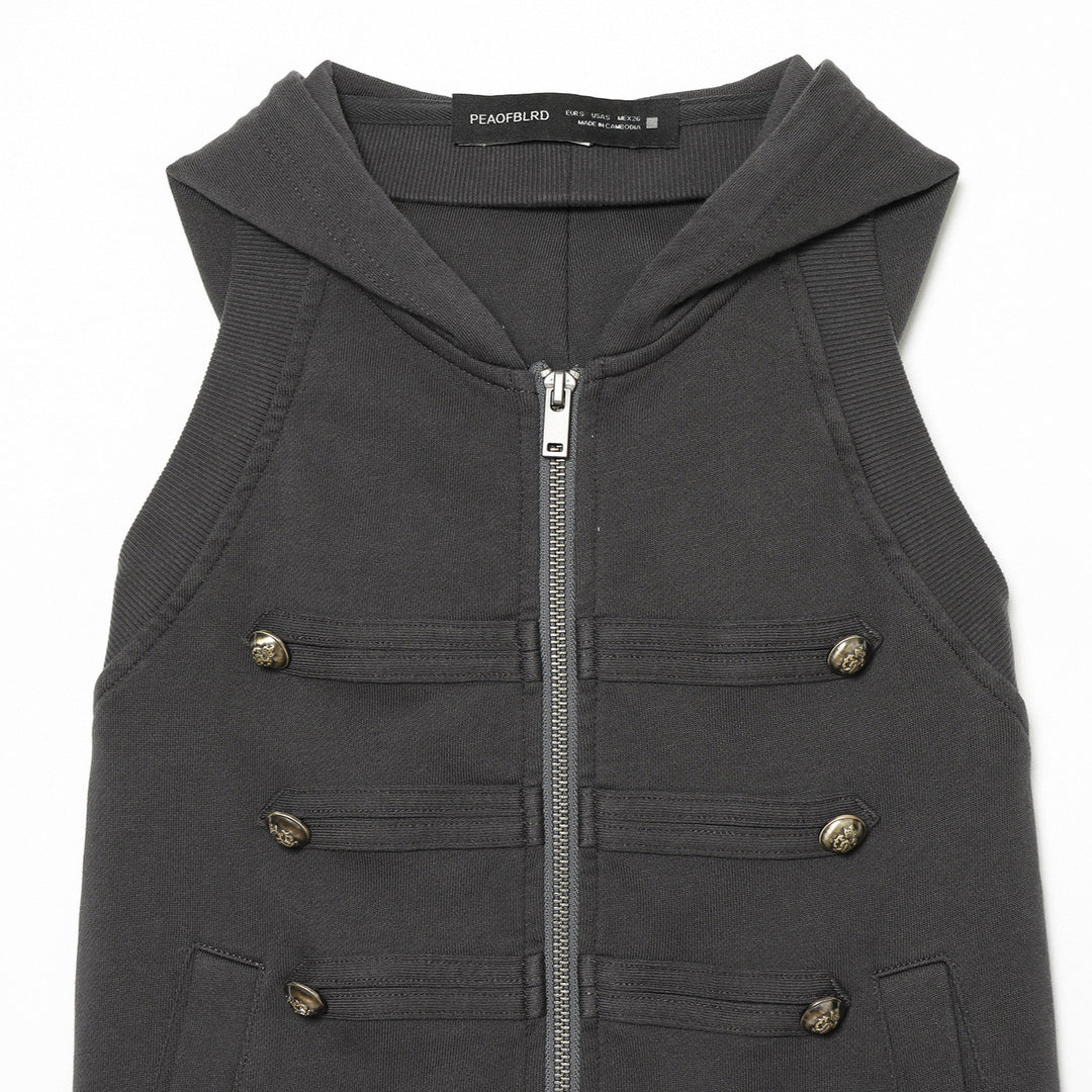 Women’s Sleeveless Hooded Vest with Decorative Button Plackets and Two-Way Zipper Mune Fashion