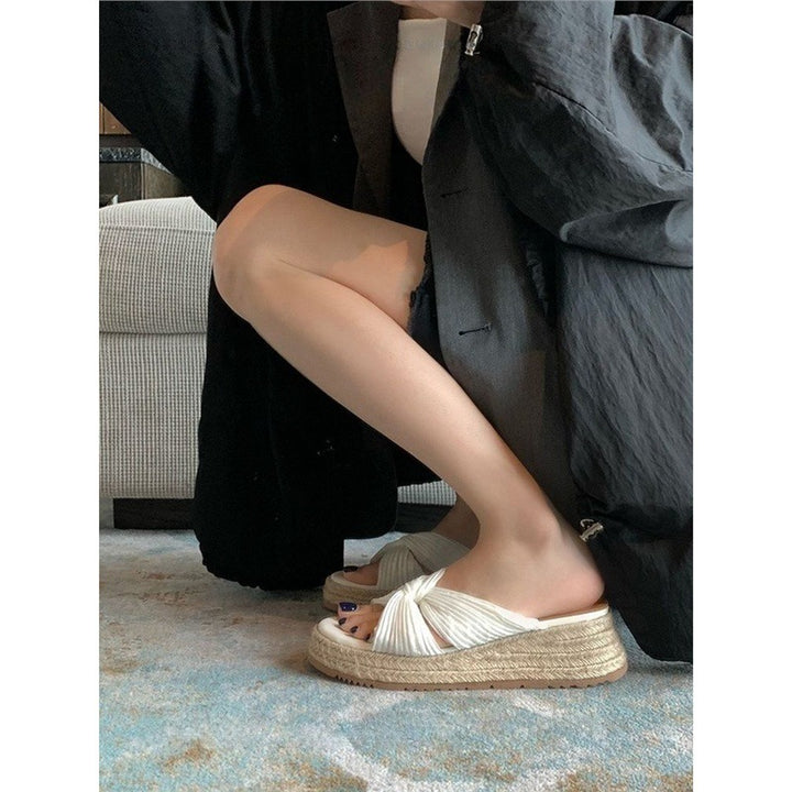 Ladies' Platform Espadrilles with Knotted Pleated Straps and Braided Jute Sole Mune Fashion