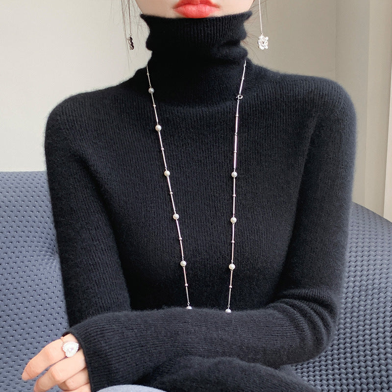 Women's Slim Roll Neck Sweater made of Cashmere Mix with Extra Long Sleeve Cuffs Mune Fashion