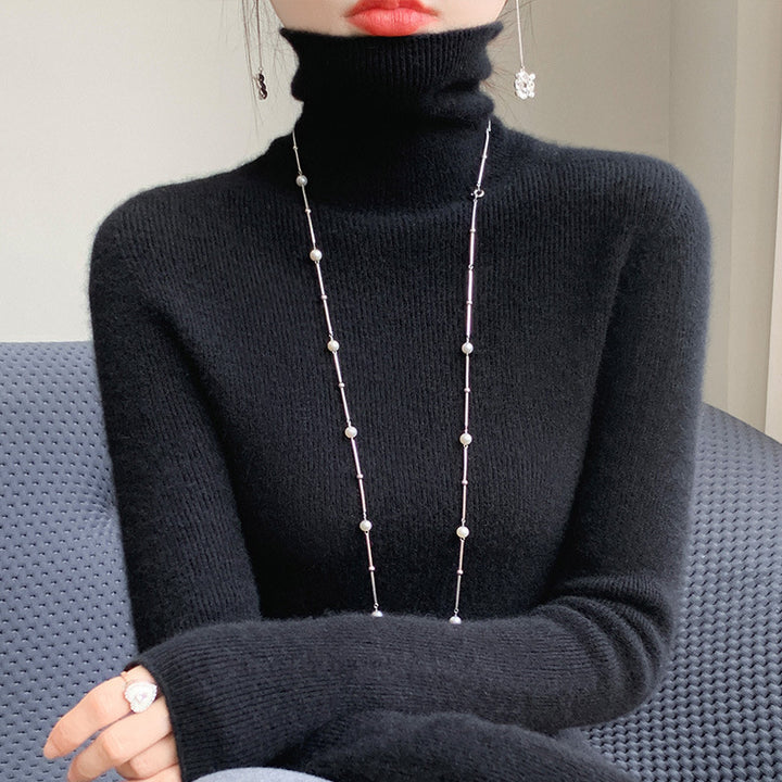 Women's Slim Roll Neck Sweater made of Cashmere Mix with Extra Long Sleeve Cuffs Mune Fashion