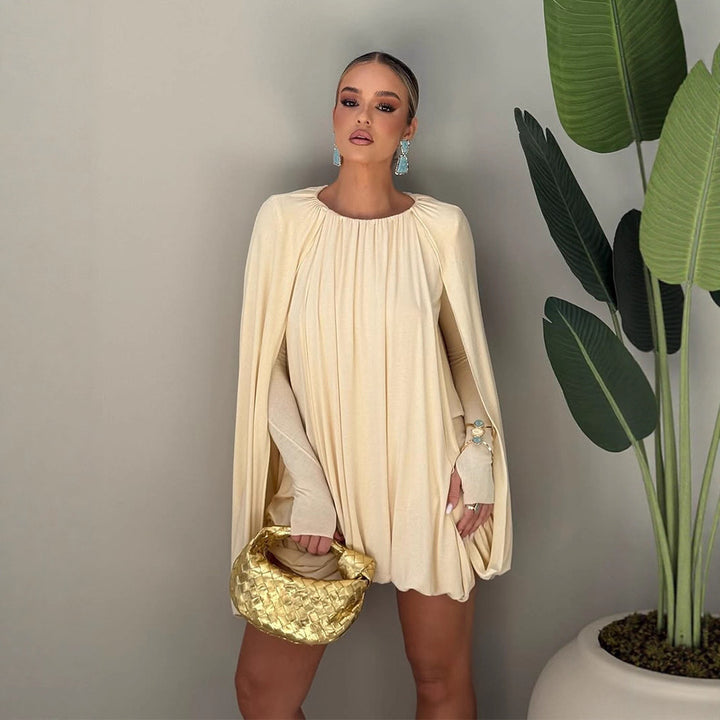 Women Pleated Cocktail Mini Dress with Long Fitted Sleeves and Ballooned Hem Mune Fashion