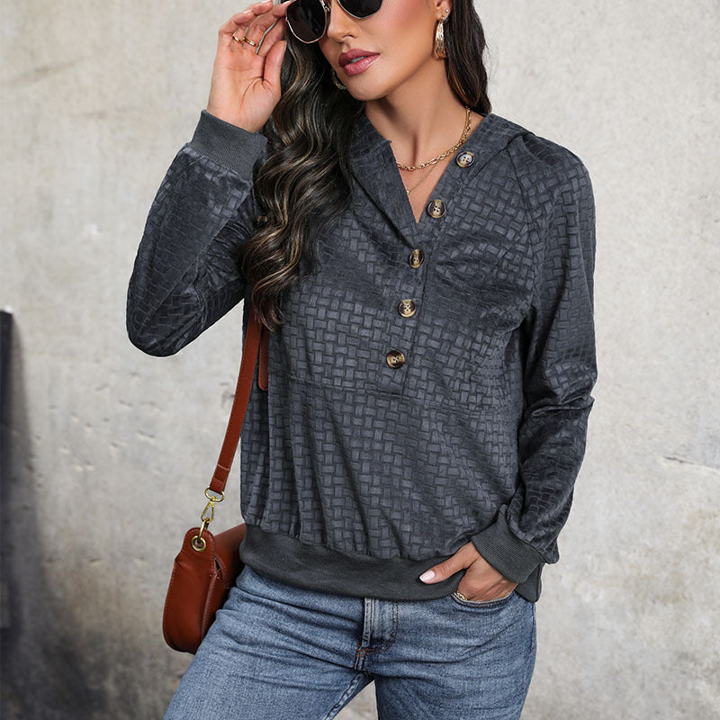 Ladies Textured Hooded Sweater with Button Placket and Pattern Structure Mune Fashion