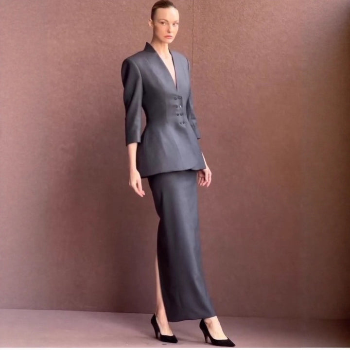 Women Tailored Peplum Blazer with Emphasized Waist and Deep V-Neck Mune Fashion