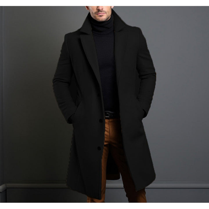 Men's Elegant Single-Breasted Long Coat Made of Wool Blend with Slim Silhouette and Lapel Collar Mune Fashion