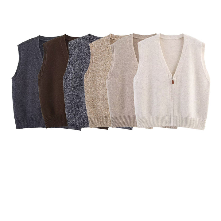 Women's knitted vest with full-length zipper and V-neck Mune Fashion