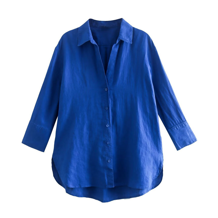 Women's Lightweight Oversized Shirt with High Back Hem, Linen Look and Concealed Button Placket Mune Fashion