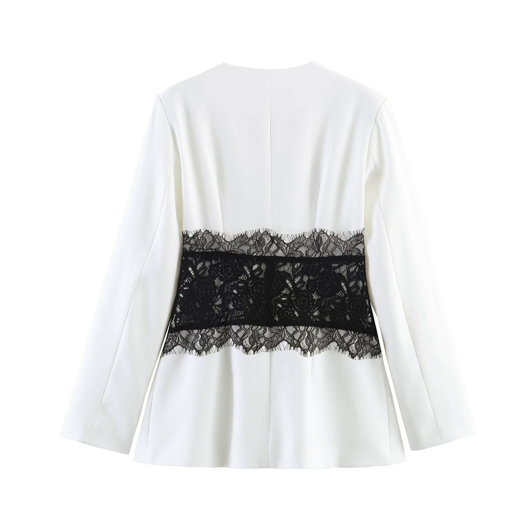 Ladies Tailored Blazer with Floral Lace Application and V-Neck Dress